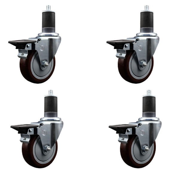 4 Inch Maroon Poly Swivel 1-5/8 Inch Expanding Stem Caster Set with Brake SCC