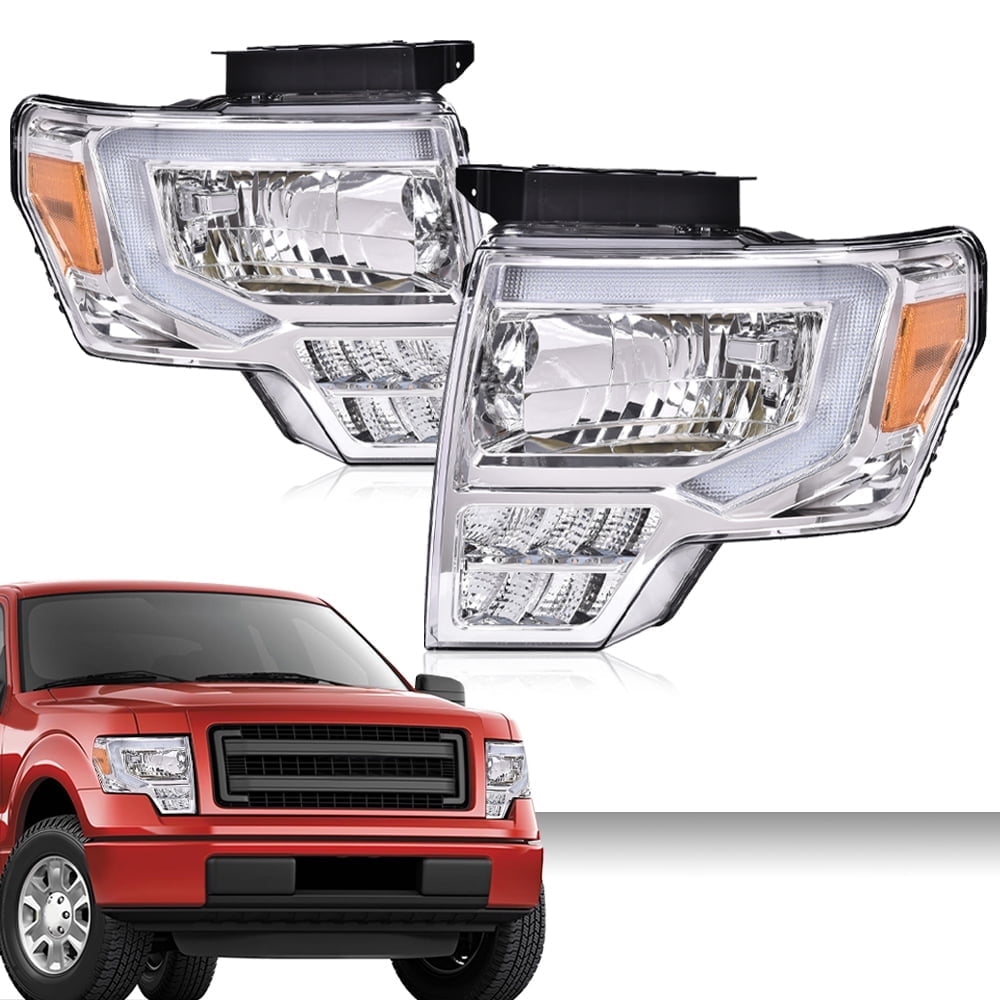 Pair LED Headlights Fit for Ford F150 2009-2014 Left and Right Clear Lens Chrome Housing Amber Reflector