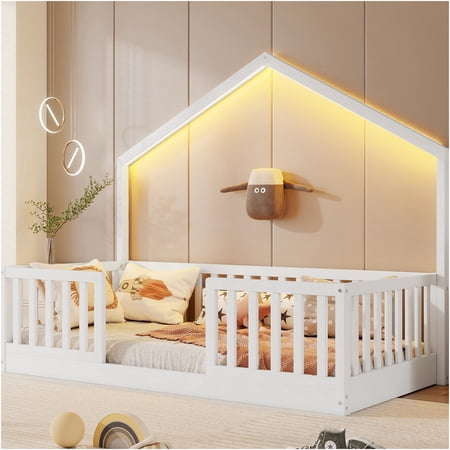 JERFIT White Twin Floor Bed with LED Light, Montessori House Frame, Low Profile Kids Bed with Safety Rails