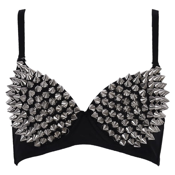 Sujetador de baile sexy con tachuelas y pinchos para mujer, estilo punk metálico, para discoteca