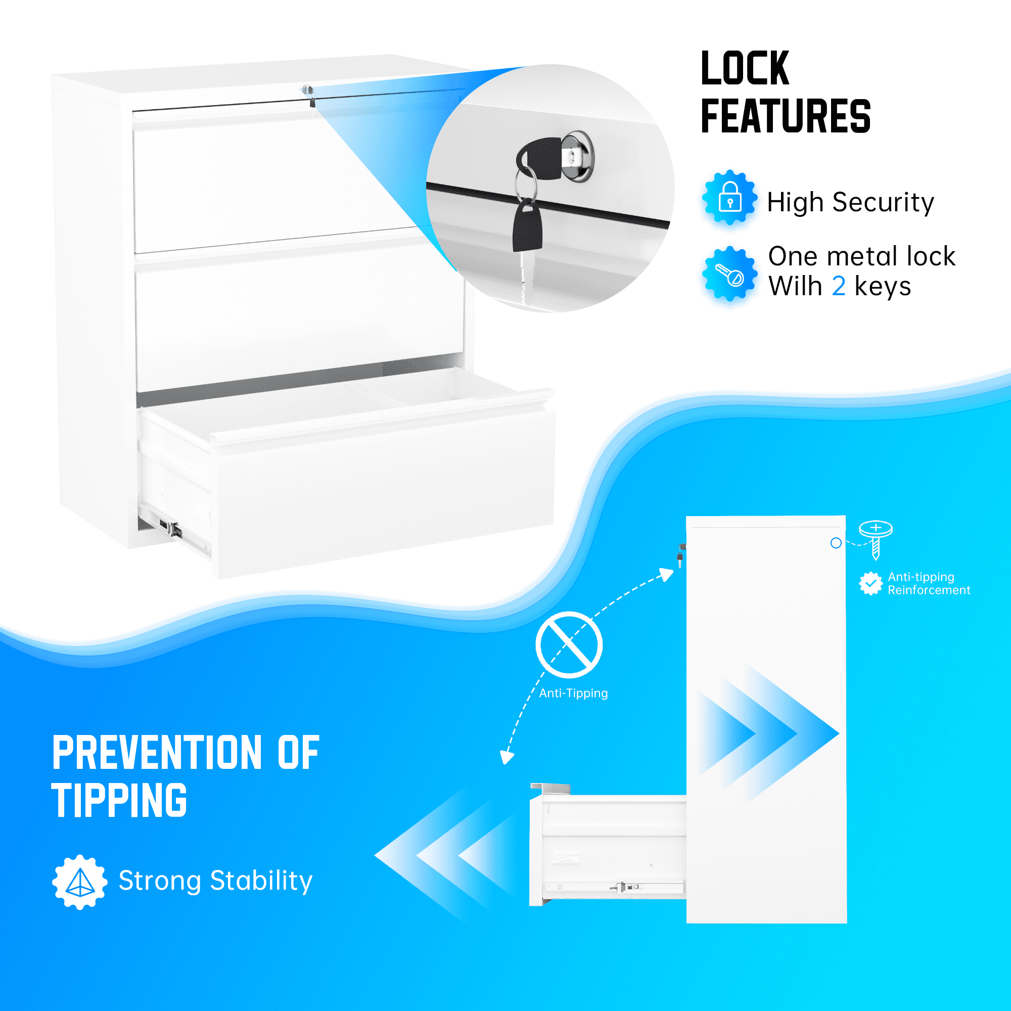 SUNCROWN 3 Drawer Filing Cabinet, White Lateral File Cabinet with Lock, Lockable Metal File Cabinets with Adjustable Hanging Bars&2 Keys, Locking File Cabinet for Home Office, Legal/F4/Letter, Etc