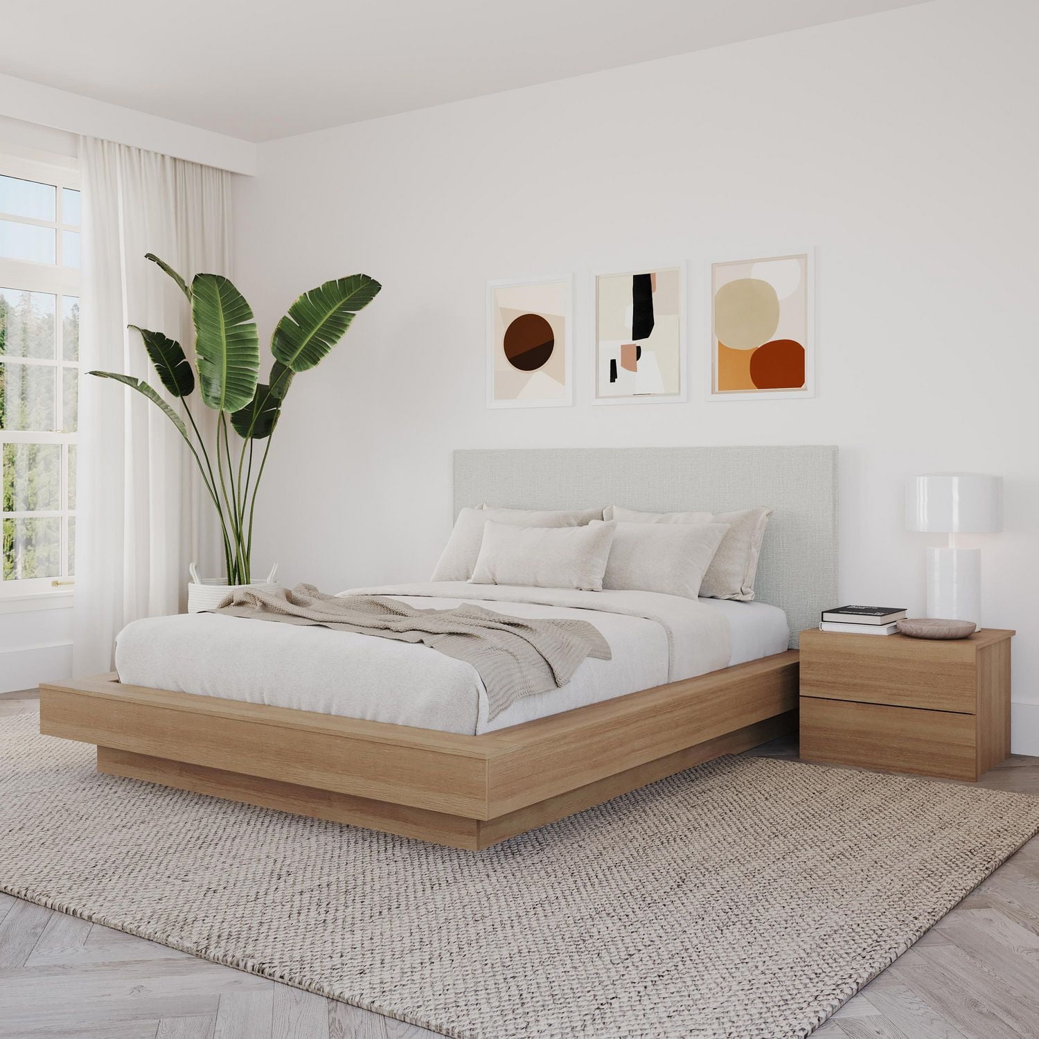 Ensemble de chambre à coucher Julian 3 pièces avec lit plateforme, tête de lit rembourrée et table de chevet