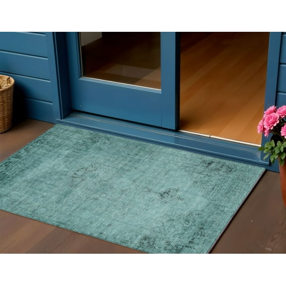 3' X 5' Teal Blue Turquoise And Charcoal Oriental Washable Indoor Outdoor Area Rug
