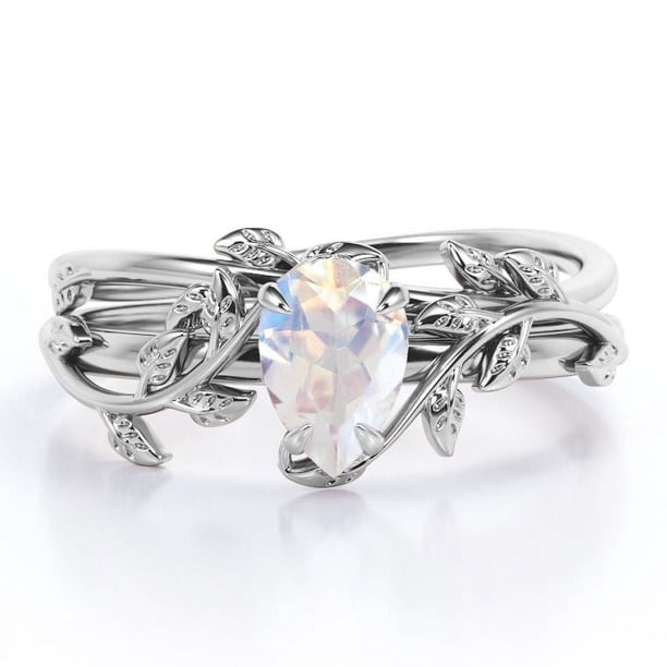 JeenMata Anillo Nupcial de Piedra Lunar Azul con Diseño de Hoja en Forma de Lágrima de 1 Quilate con Engaste en Garra en Baño de Oro Blanco de 18 K sobre Plata