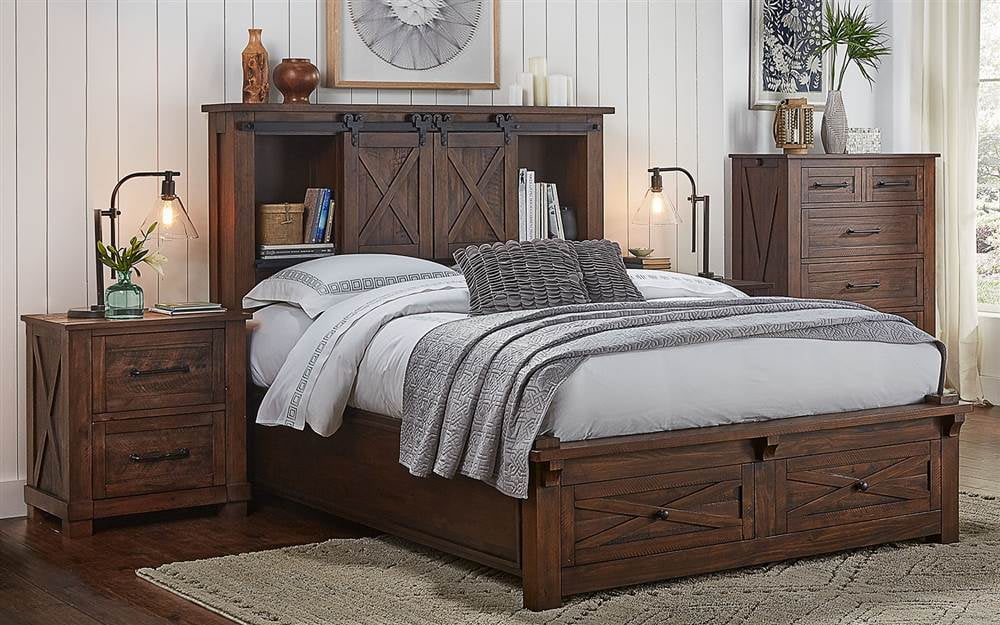 Storage Bed with Integrated Bench in Rustic Timber Finish (King 96.25