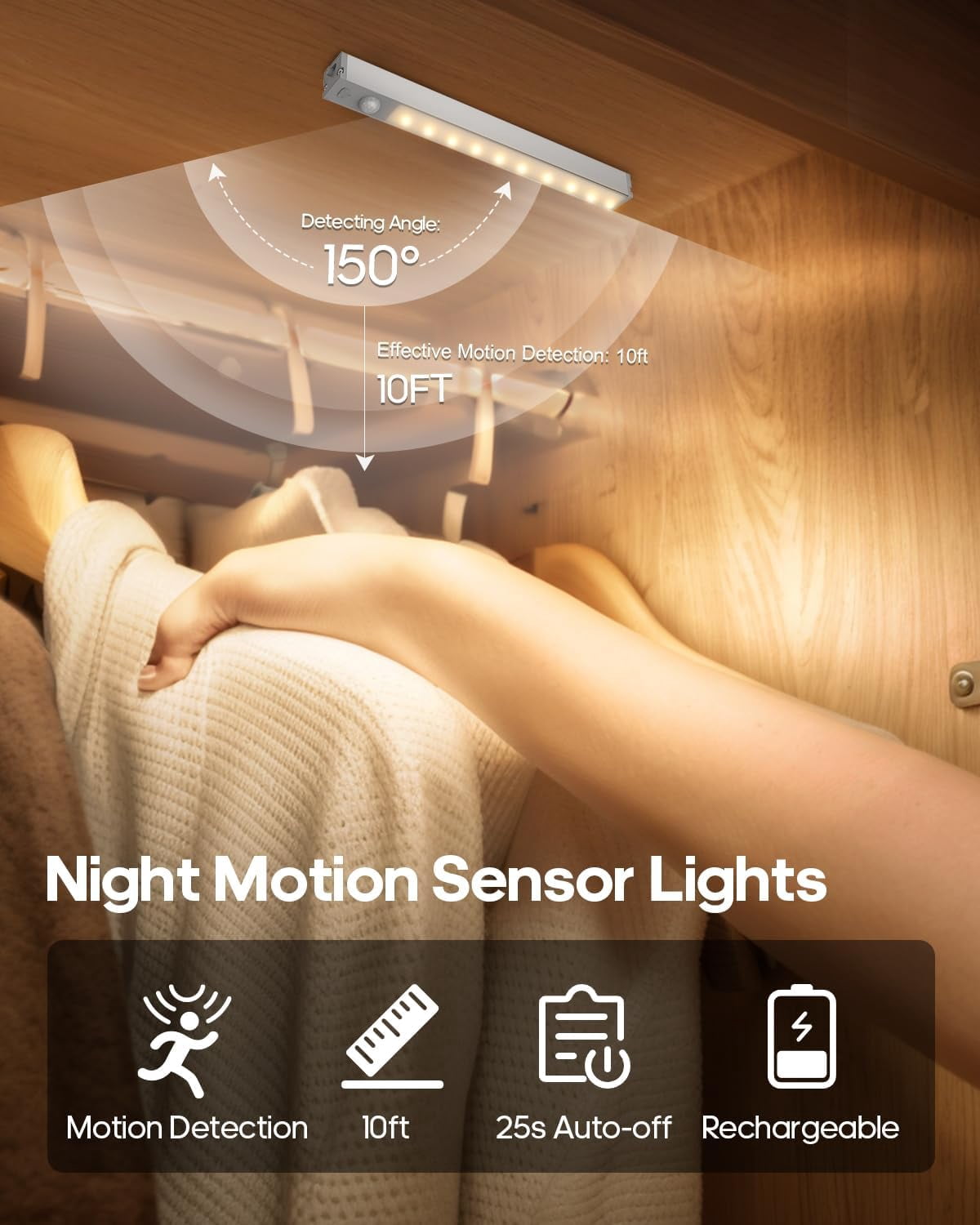 Led Under Cabinet Lights Wireless, 7’’ Rechargeable Motion Sensor Light Indoor, Dimmable Closet Lights for Cabinets, Bookshelf, Stair, Hallway Warm White 3 pcs