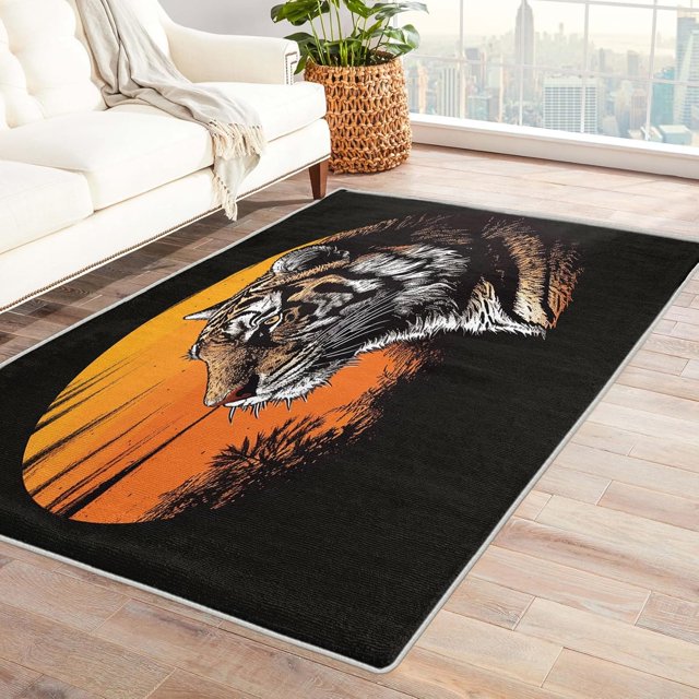 Animal Tiger Rug, Animals Pattern Area Rug 4x6, Safari Animal Rugs for Bedroom, Rugs Low Pile Washable Stain Resistant Easy Clean for Dining Room, Living Room Soft Carpet Decor Km&-196