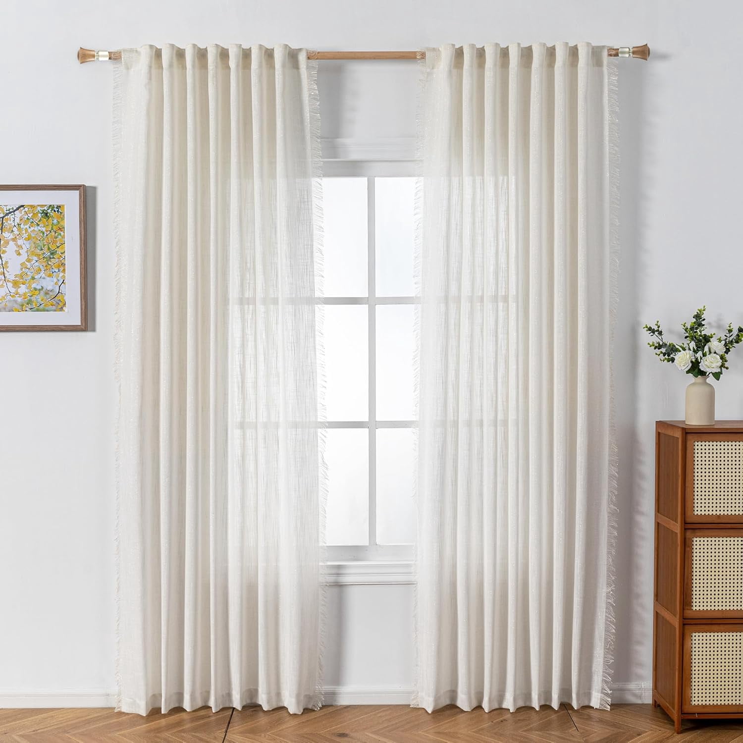 Wehilion Linen Curtains for Living Room, Natural Semi Sheer Curtains & Drapes 84 inches Length 2 Panels Set Farmhouse Country Boho Style Back Tab Draperies for Sliding Glass Door