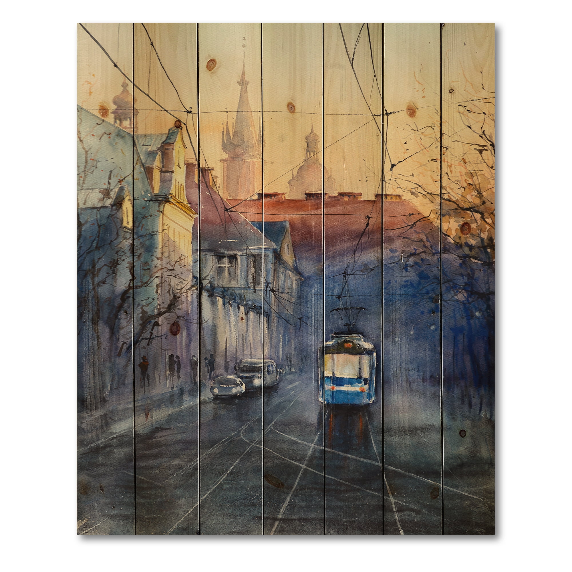 Designart 'Blue Tram At Sunset With Church During Sunset Cityscape' Nautical & Coastal Print on Natural Pine Wood