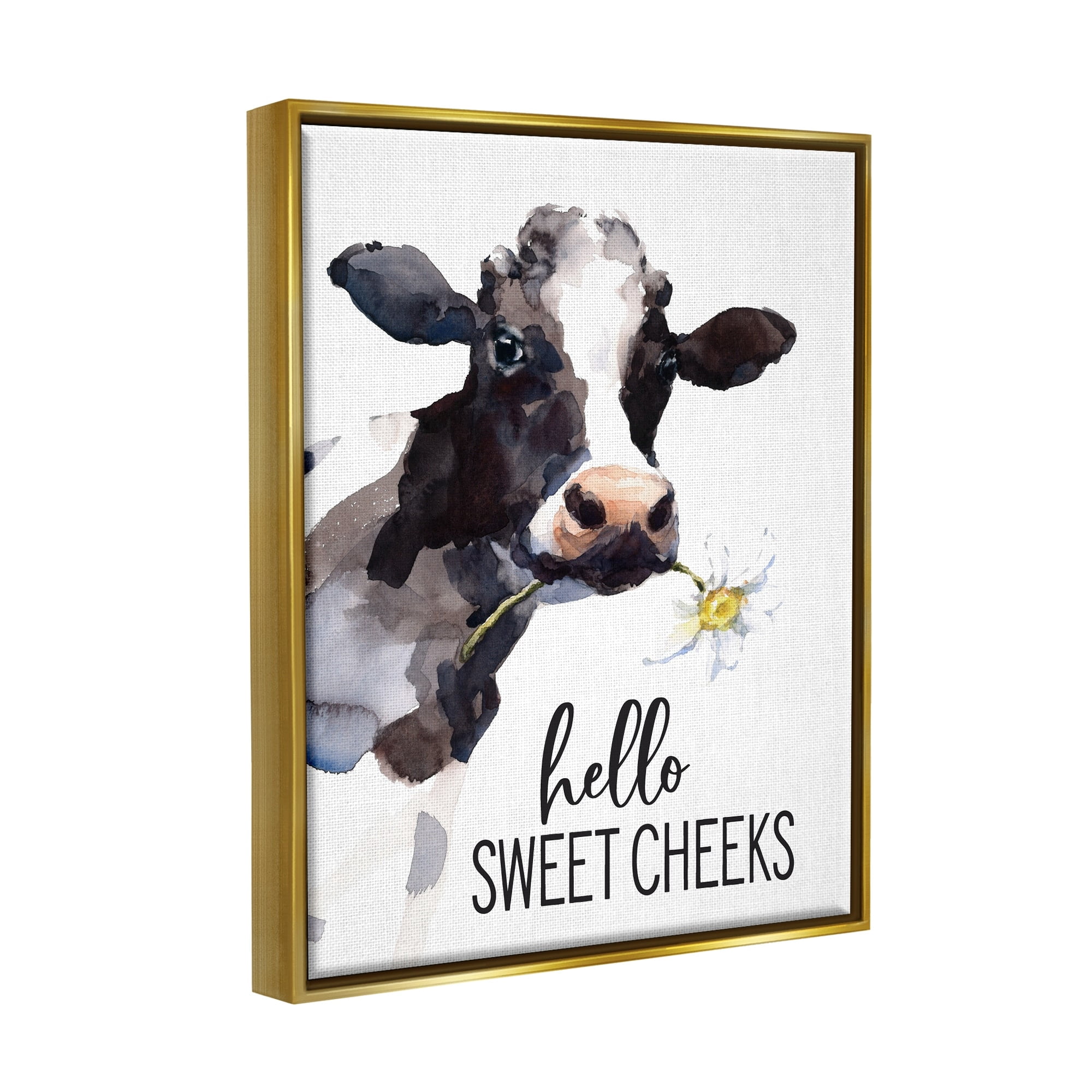 Stupell Industries Hello Sweet Cheeks Country Cow Cattle Holding Flower Graphic Art Metallic Gold Floating Framed Canvas Print Wall Art, Design by Lettered and Lined