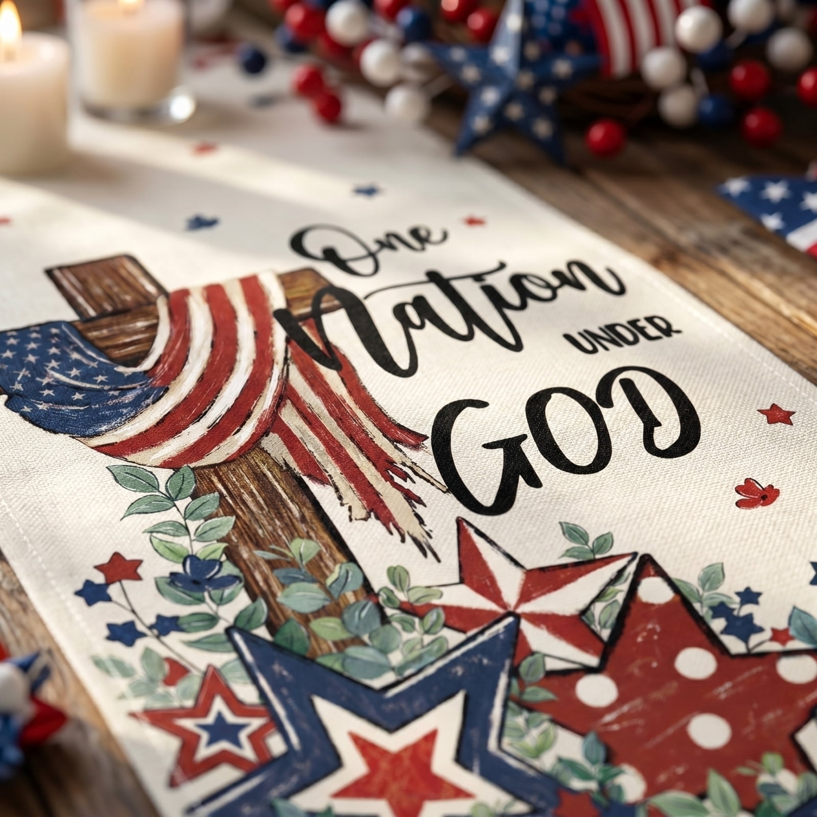 Patriotic Table Runner with Stars Cross Plants for Independence Day Memorial Day Farmhouse Home Dining Table Decor