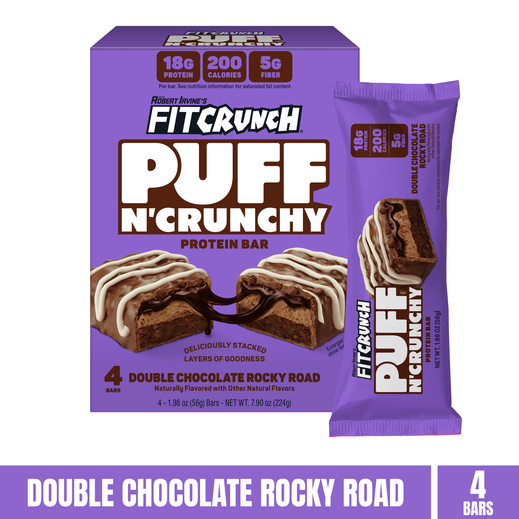 FITCRUNCH Puff n' Crunchy, Double Chocolate Rocky Road, 18g Protein, 4 Count