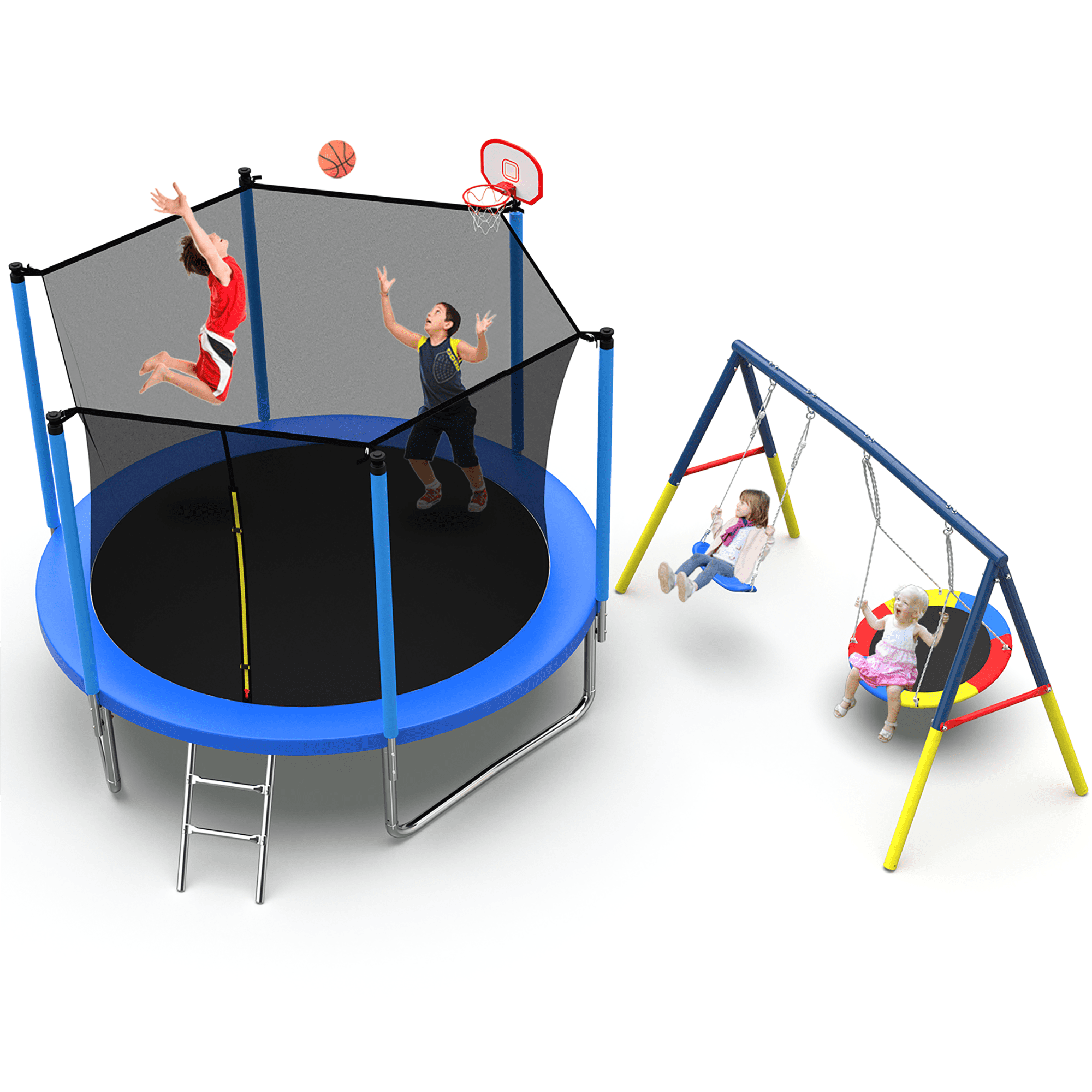 Mersco 10FT Heavy Duty Trampoline with Enclosure Net , Swing Set Outdoor Big Trampoline for Backyard,Kids Trampoline with Basketball Hoop,Birthday and Holiday Gifts for Kids,Blue