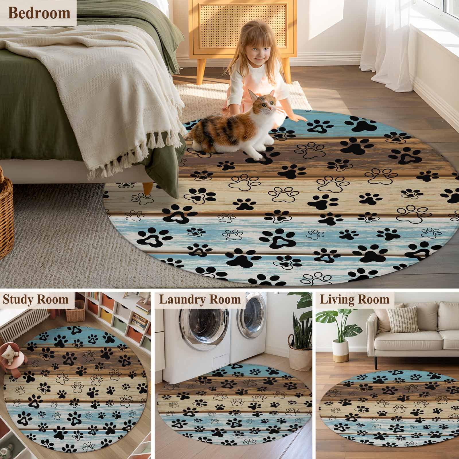 Round Area Rug 4 Ft, Cute Dog Claws Washable Non-Slip Circle Carpet for Living Room/Bedroom, Farmhouse Blue Wooden Puppy Pawprints Low-Profile Crawling Mats Collection Rugs for Indoor