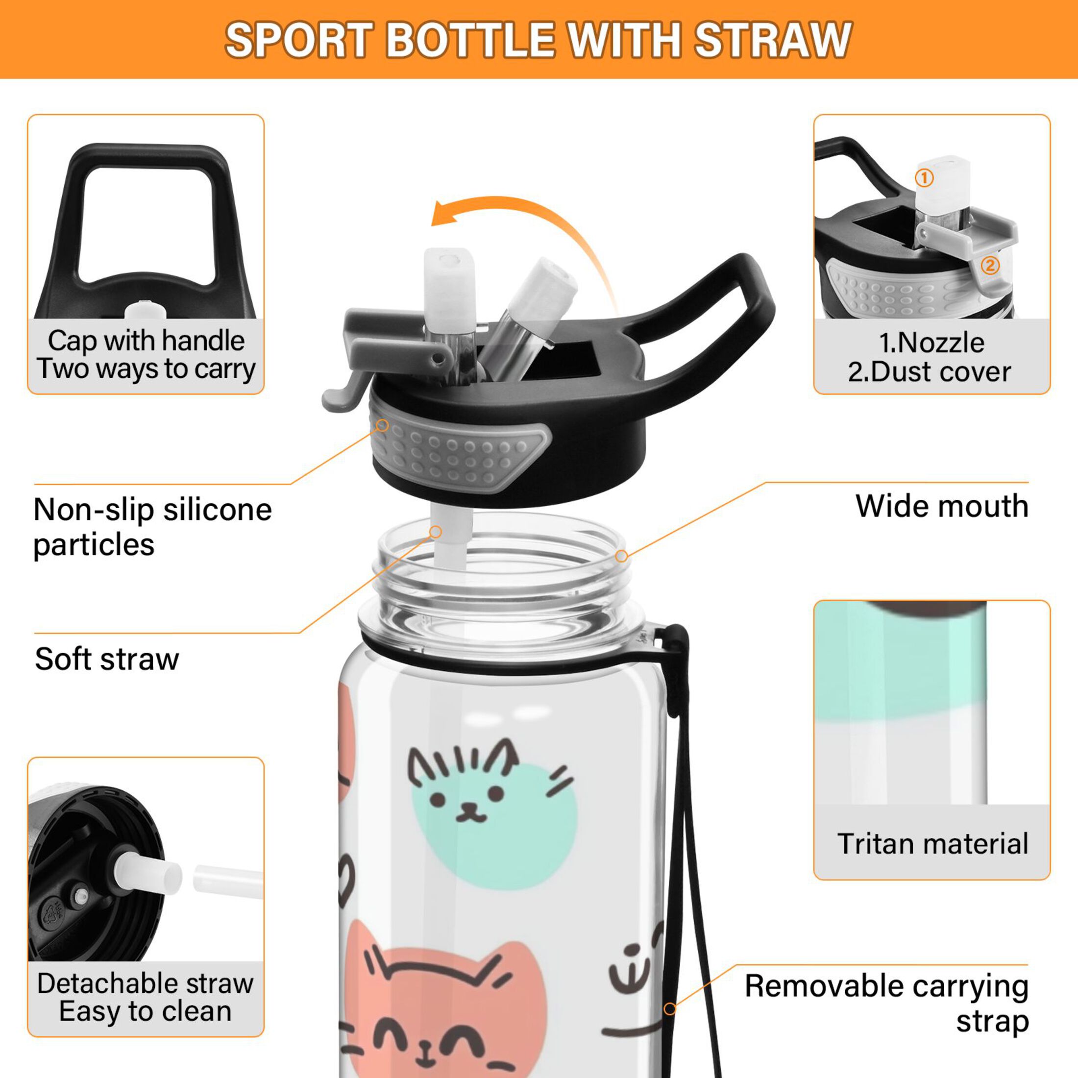 Whimsical Kittens 1000ml Tritan Sport Bottle Straw LeakProof Food-Grade Portable Wide Handle