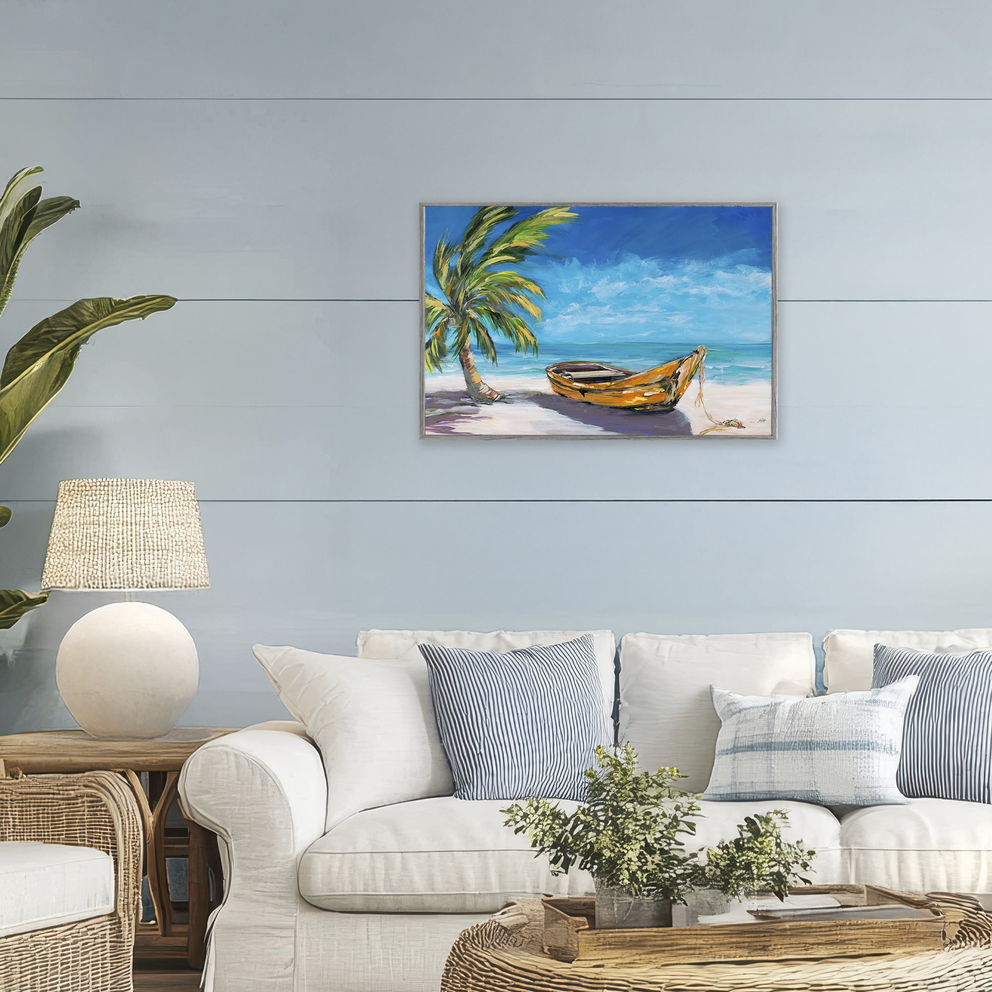 Stupell Industries Lost Island Palm & Boat Gray Framed Giclee Art, design by Julie DeRice