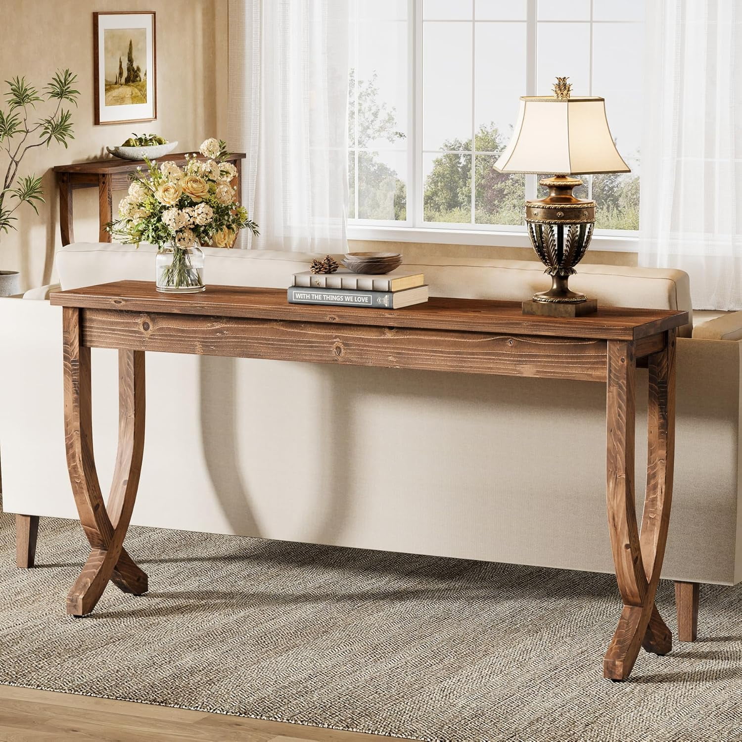 Tribesigns 63-Inch Solid Wood Console Table, Farmhouse Entryway Table, Long Sofa Table for Living Room, Hallway, Entrance, Foyer, Brown