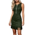 thumbnail image 2 of Dolkfu Fringe Summer&Fall Dresses for Women Western Style Green Crew Neck Sleeveless Mini Bodycon Dresses Suede Retro Solid Dresses Army Green,L, 2 of 5