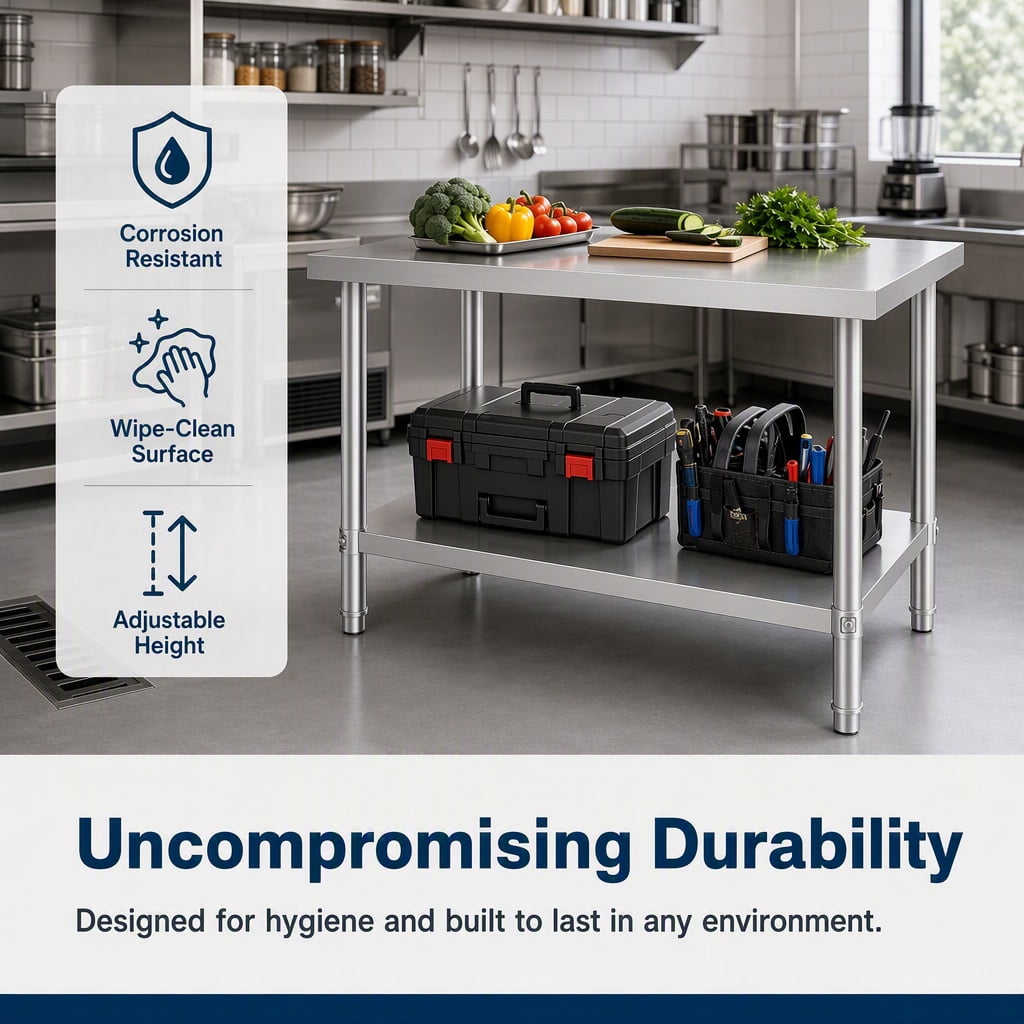 GARITIN 48 x 24 Inch Commercial Work Table, Stainless Steel Kitchen Prep Table with Under Shelf for Restaurant & Home, Silver