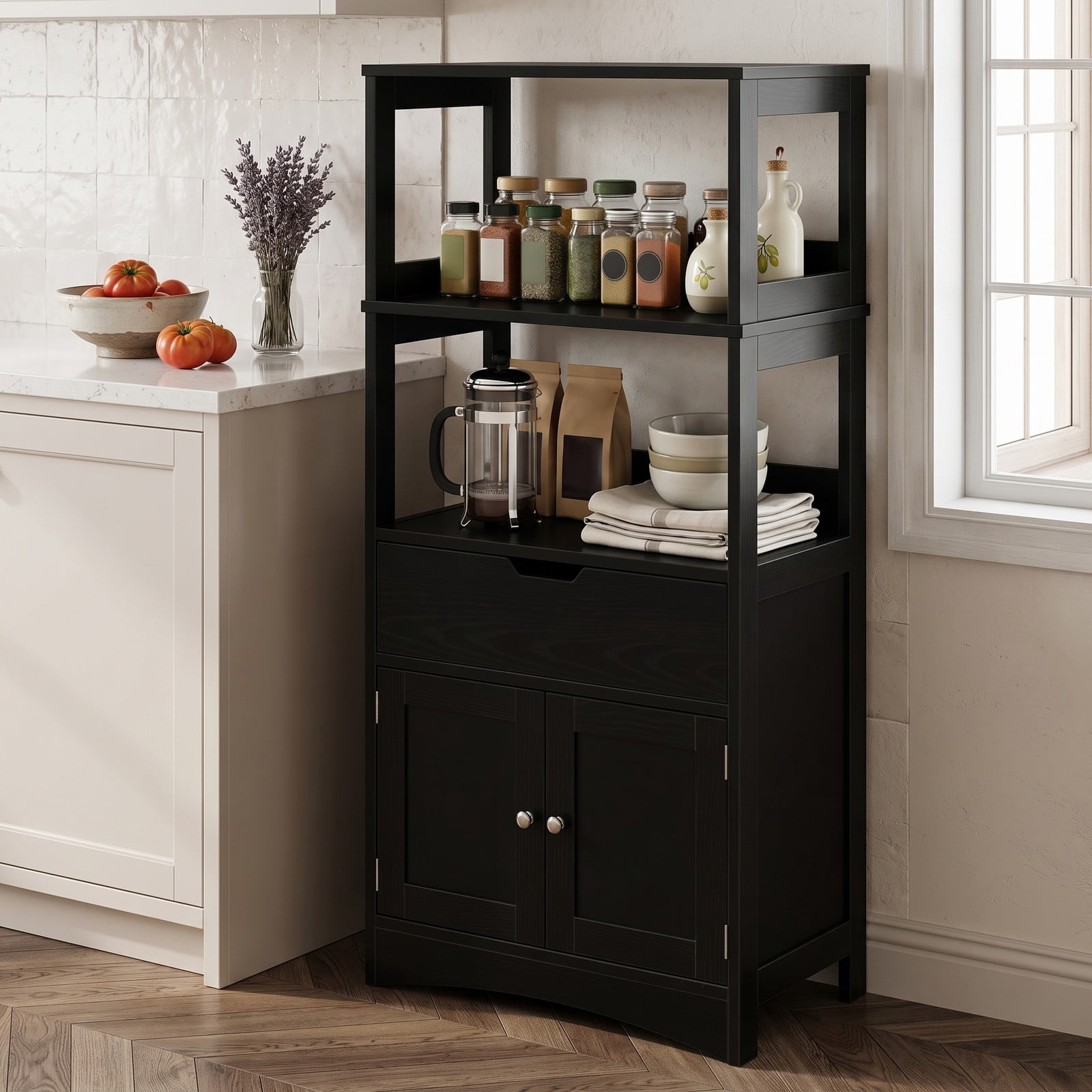 ALPULON Bathroom Storage Cabinet with Drawer and Shelf, Freestanding Floor Cabinet, Waterproof MDF Organizer for Bathroom Bedroom Entryway Living Room, Anti-Tip, Black