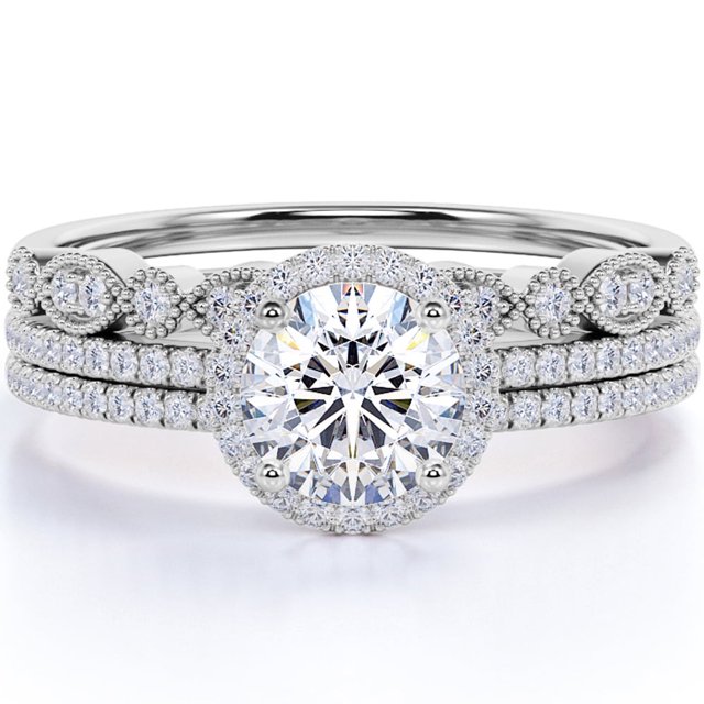 JeenMata Impresionante Trío de Anillos de Boda de Moissanita Real de 1,5 Quilates con Anillo de Compromiso y 2 Alianzas de Boda en Oro de 18 K sobre Plata