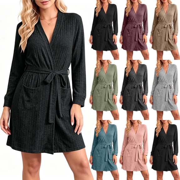 Women Ribbed Knit Wrap Bathrobe Sevevn V Neck Long Sleeve Self Tie Belt Side Pockets Short Loungewear Robe For Home Shower