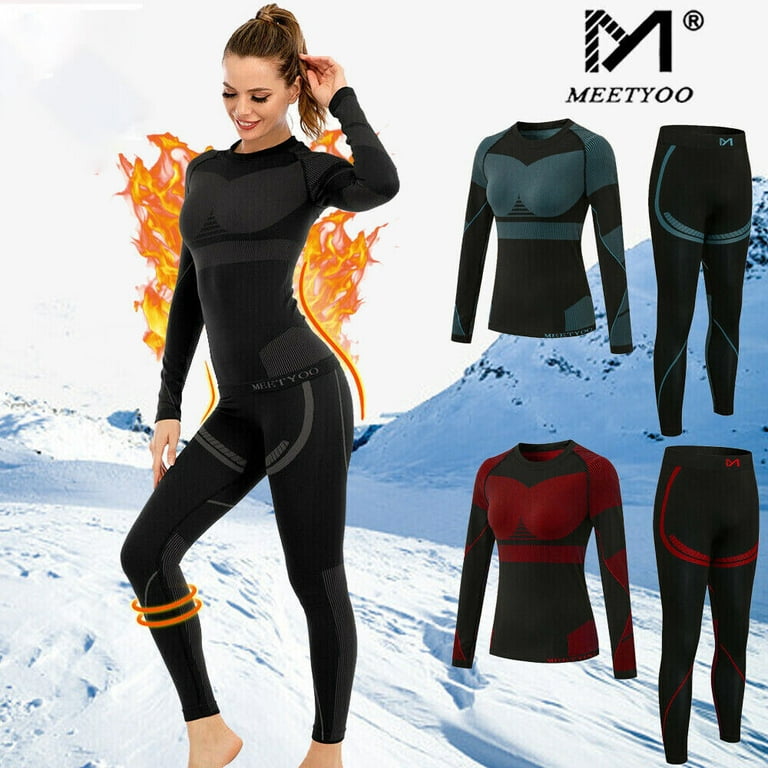2Pcs Set Women Thermal Underwear Soft Fleece Lined Long Johns Winter Sports Base Layer Top Bottom Set