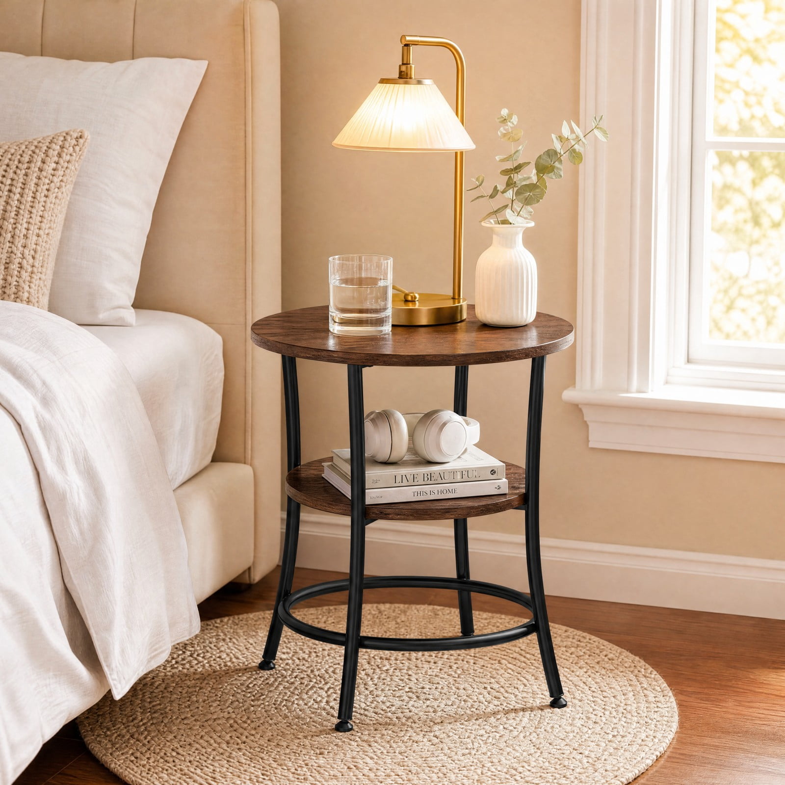 Telyra 2-Tier Round Side Table 21.8" End Table with Antiqued Wood Grain Top and Steel Base, Rust