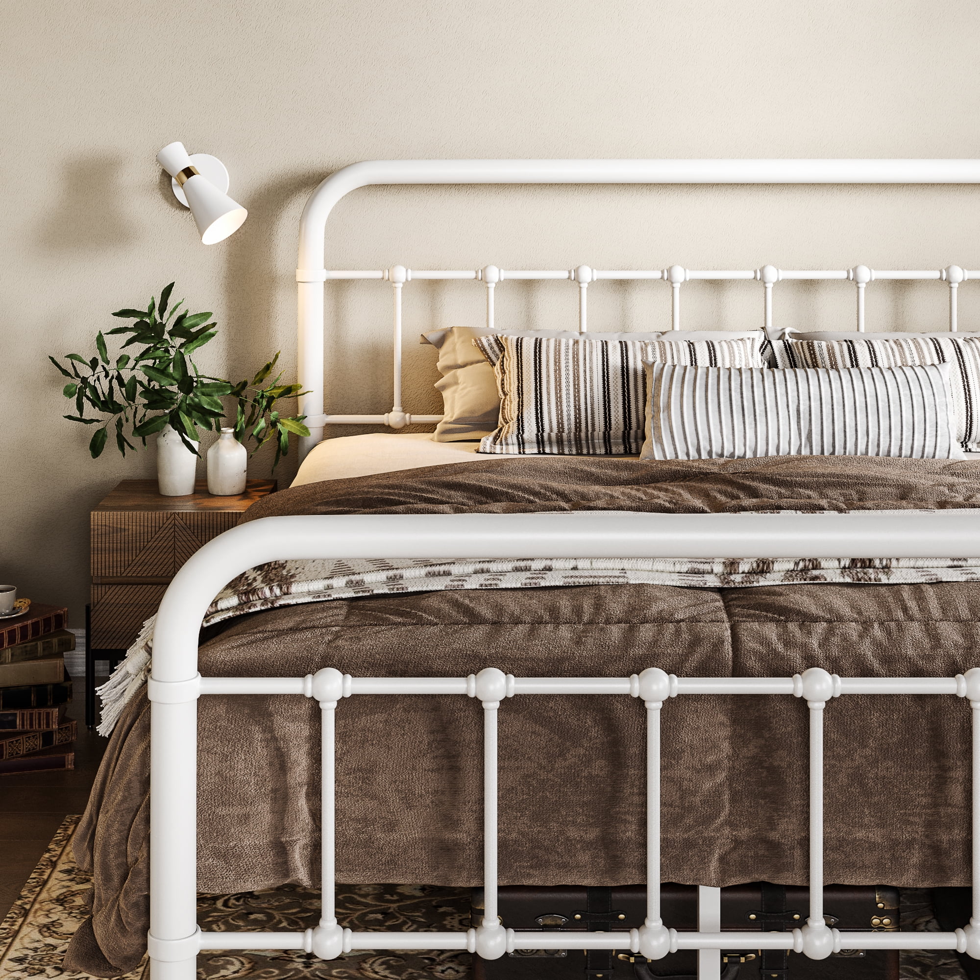 Allewie Queen Size Metal Platform Bed Frame with Victorian Style Wrought Iron-Art Headboard/Footboard, White