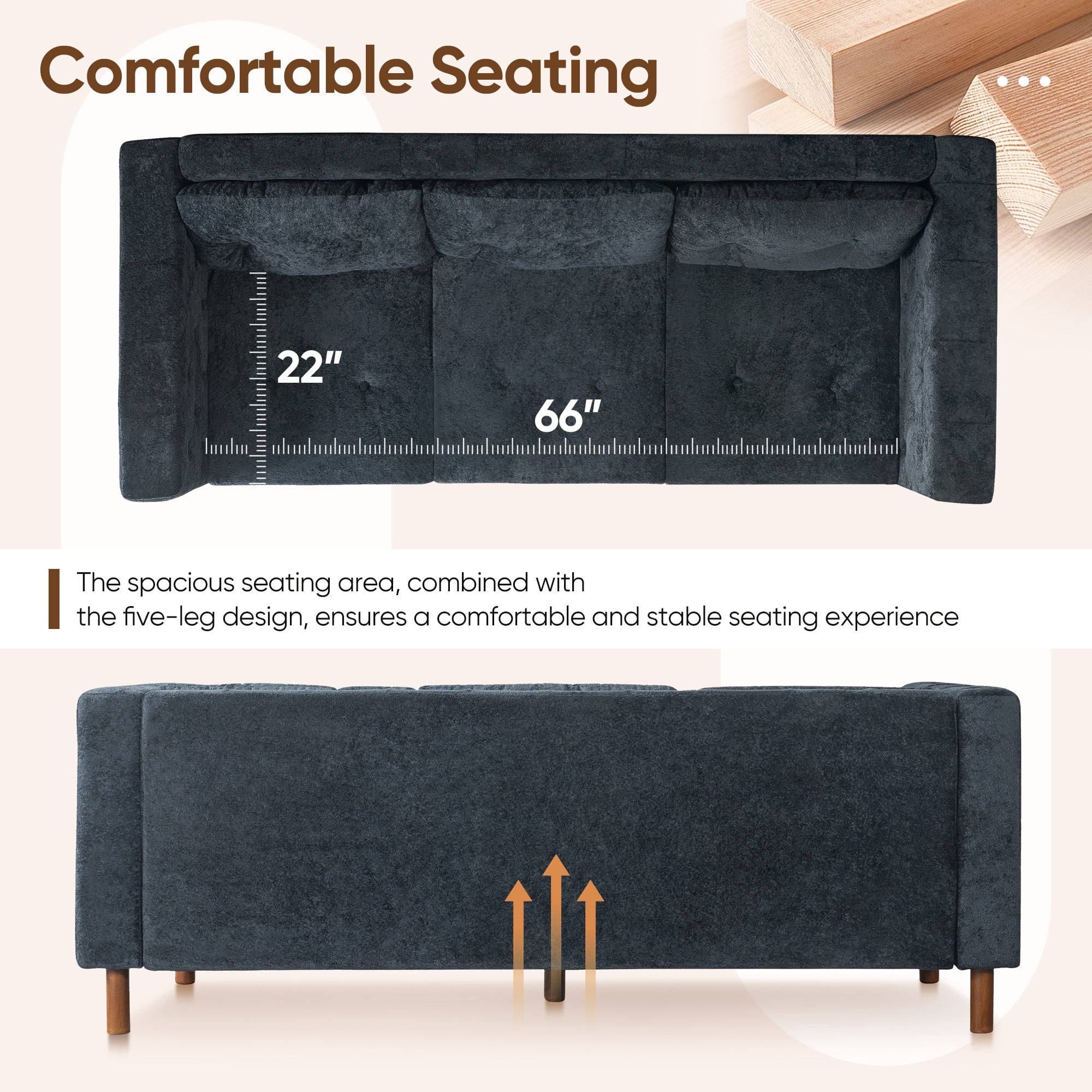 Lunale 78" Chenille 3-Seater Sofa, Modern Mid‑Century Upholstered Couch for Living Room, Apt., Tufted Design & Wood Legs, Blue