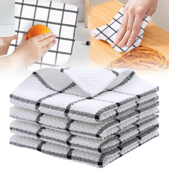 4-Pack Black and White Checkered Cotton Dish Towels - 12x12 Inch Absorbent Kitchen Cloths for Washing and Drying