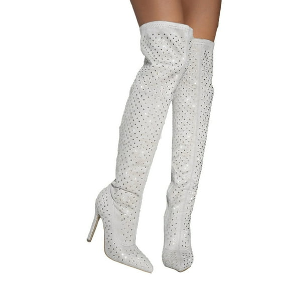Rhinestones Stiletto Thigh High Boots for Women Bridal Sparkly High Heels Dress Tall Boots Christmas Wedding Party Favor