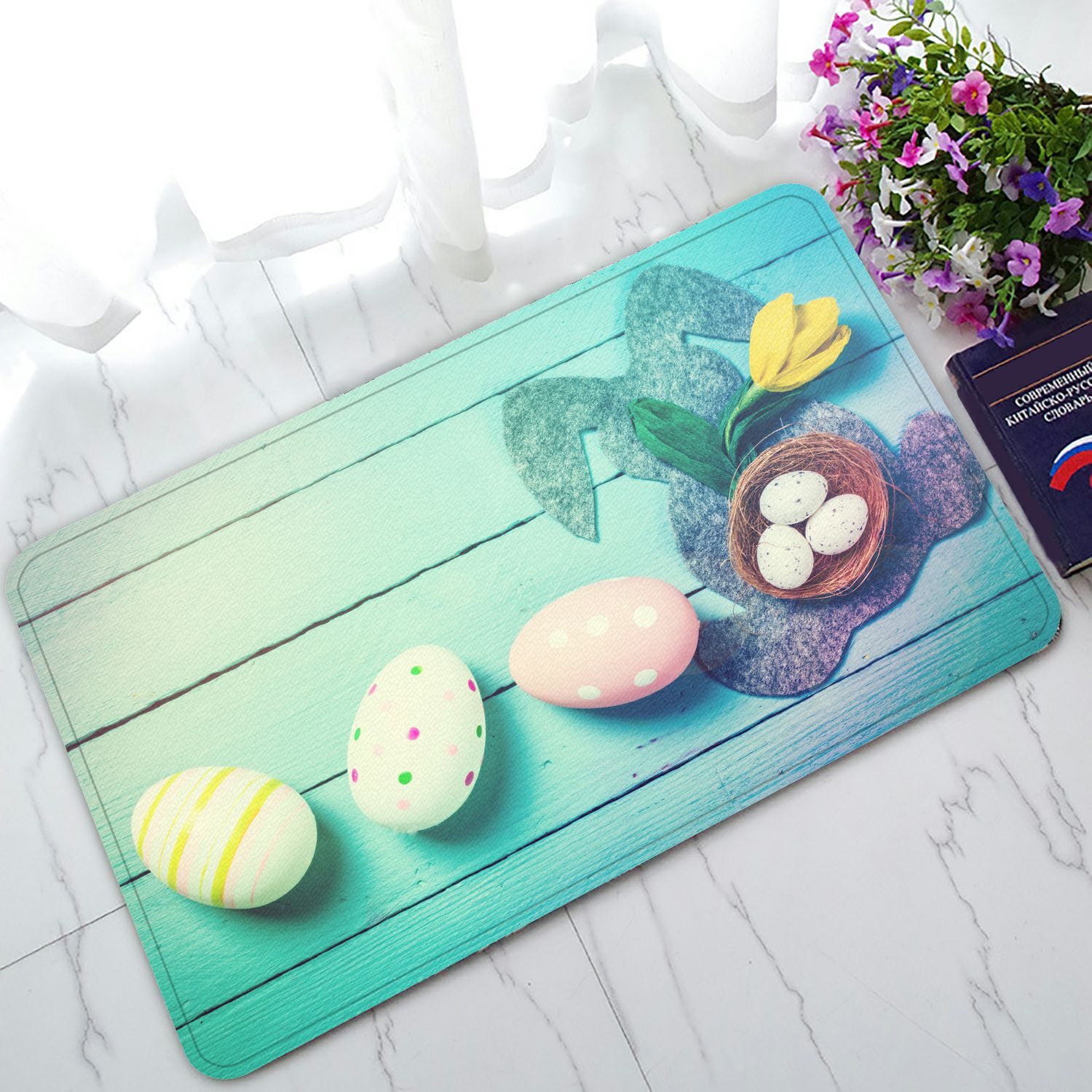 PHFZK Happy Easter Doormat, Cute Rabbit and Colorful Eggs on Wooden