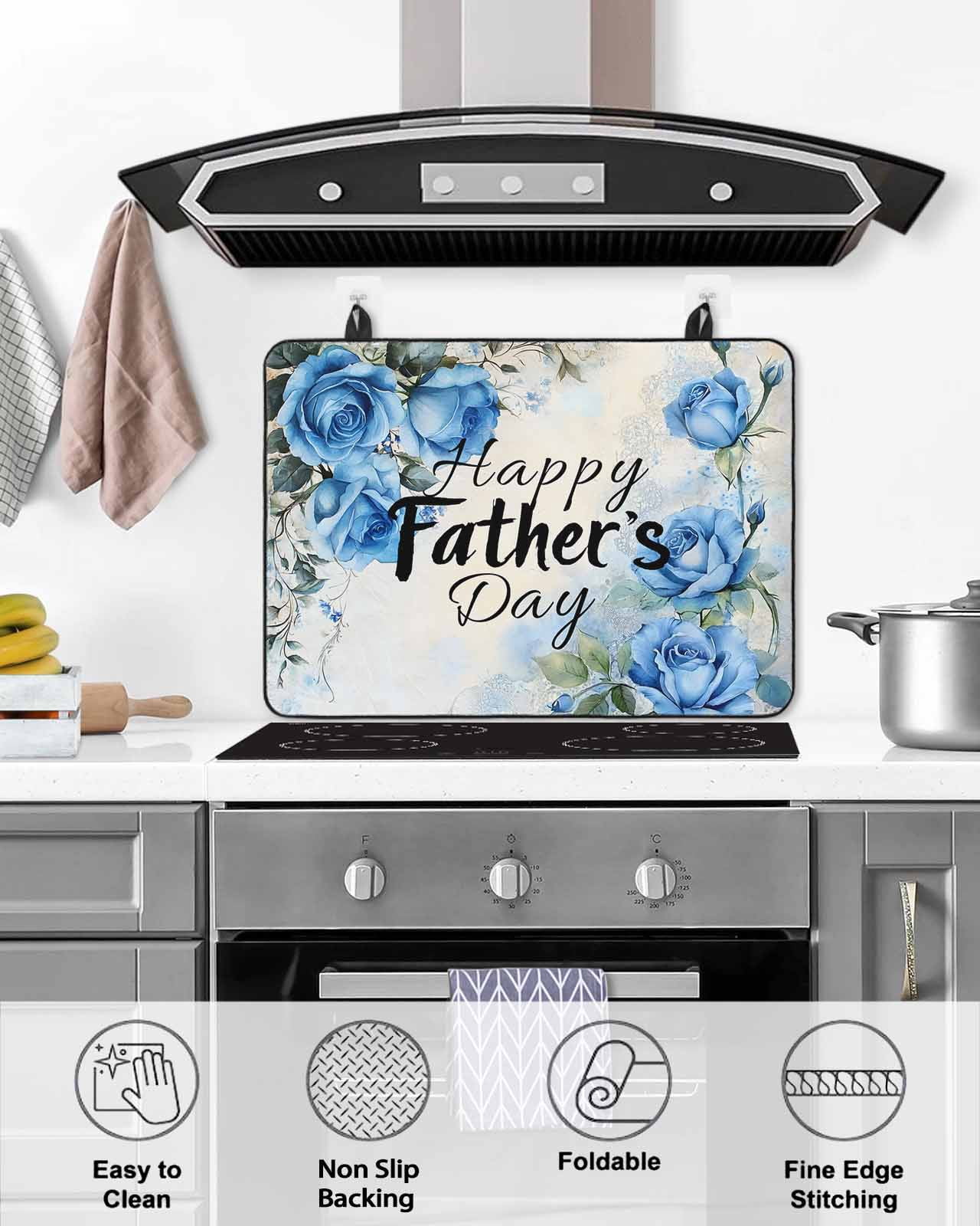 nqOlkjepod Large Induction Cooktop Protector Mat 24"x21", Happy Father's Day Stove Top Covers for Electric Stove, Blue Spring Garden Floral Decorative Stove Burner Cover Mats, Glass Top Stove Cover