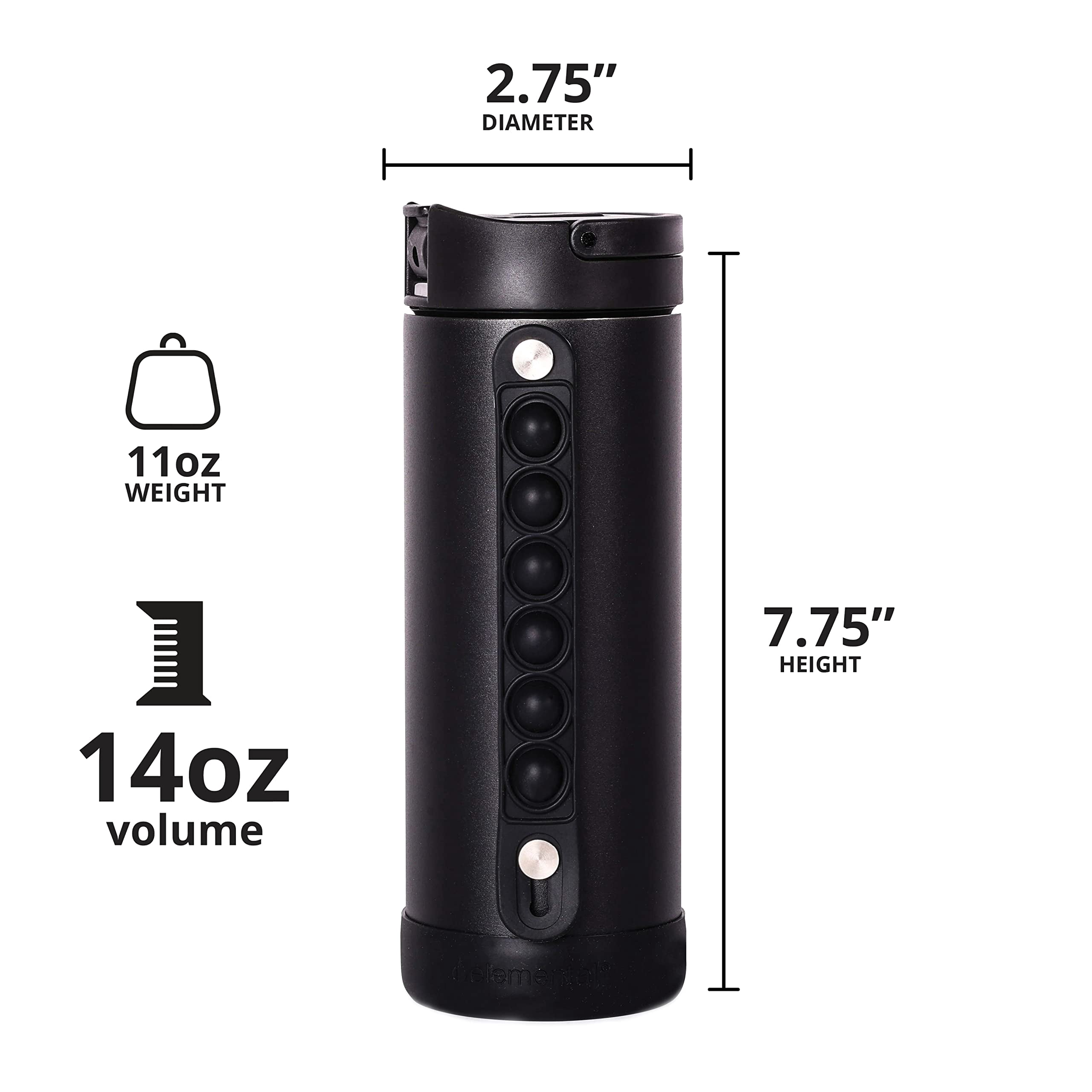 Elemental Iconic Kids Water Bottle with Straw Lid & Stress Reliever Pop It Handle - Leak-Proof When Closed - Triple Insulated Stainless Steel Reusable Thermos Water Bottle - 14oz - Black