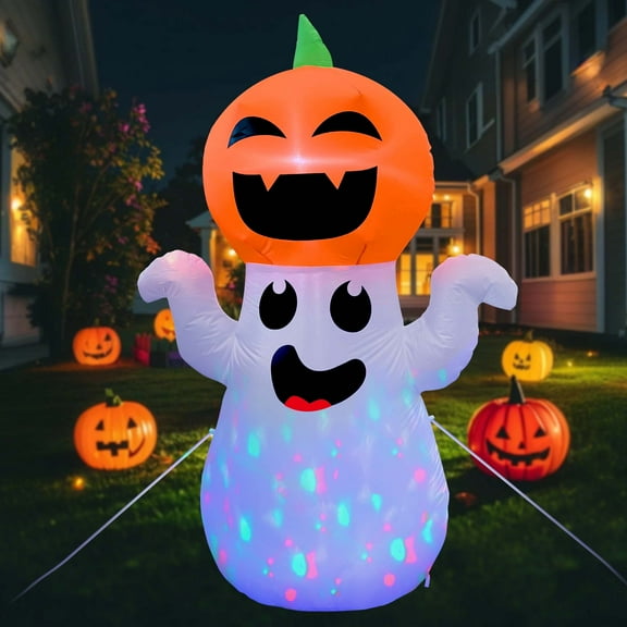 GVDV 5Ft Halloween Inflatable Pumpkin Ghost with 360° Rotating Colorful LED Lights, Cute Indoor/Outdoor Decor for Party, Yard, Lawn