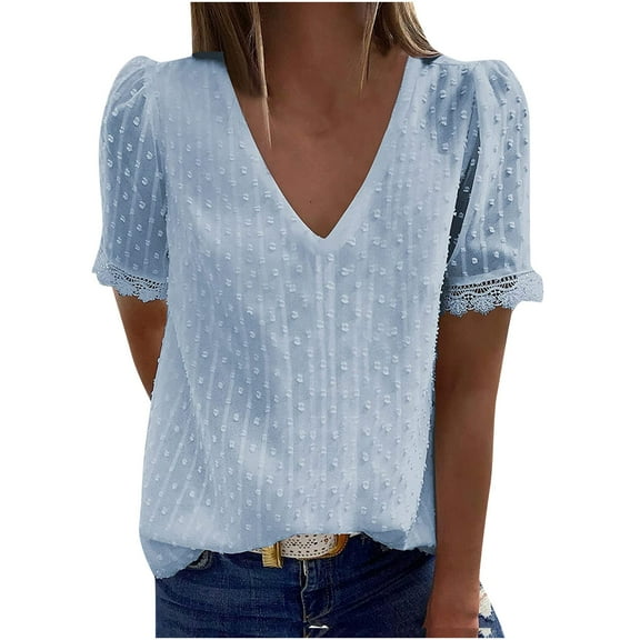 Giftesty Women Casual Solid Short Sleeve V-Neck Lace T-Shirt Blouse Tops
