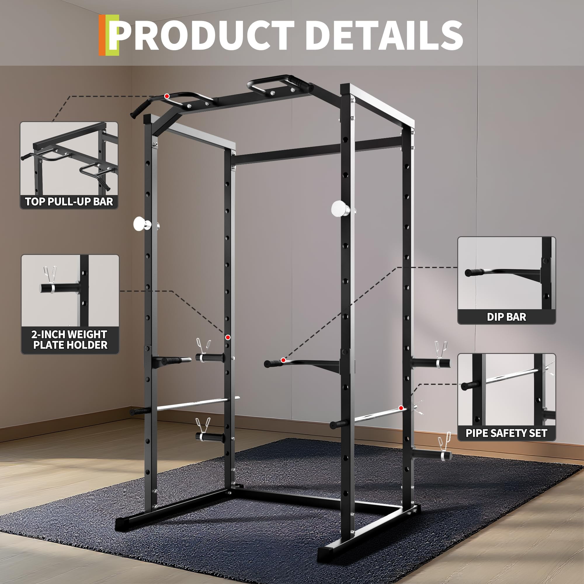 Accreate Heavy Duty Squat Rack Power Cage, Strength Training Power Cages for Home Gym, 1100 LB Capacity Power Rack with Pull-Up Bar, Dip Bars, Adjustable Safety Spotters, J-Hooks, Plate Storage