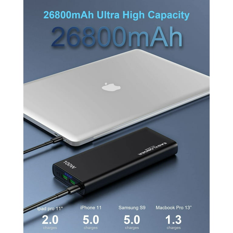 EASYLONGER Batterie externe 100 W, 26800 mAh pour ordinateur portable,  charge rapide avec câble de marquage électronique, chargeur portable USB C