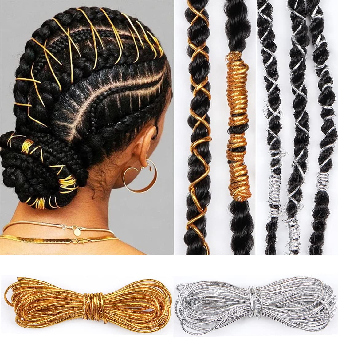 2 Pieces 5M Dreadlock Braids Hair Accessories Silver Gold Braiding Hair  Deco Styling Shimmer Stretchable African Braid Braided Elastic Cord  Ornament Hanging Decorating Gift Wrapping 