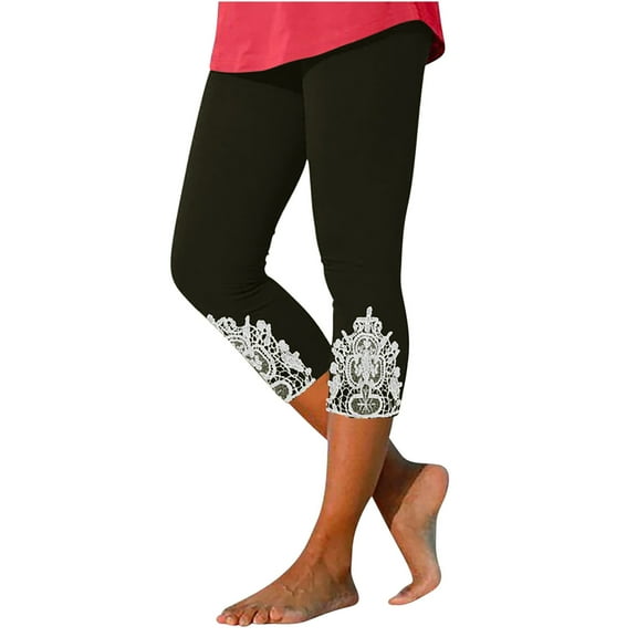 Ladies Capris Pants Women Floral Lace High Waisted Yoga Capris Solid Cropped Pants Casual Summer Polyester Soft Stretch Capris Leggings Black l