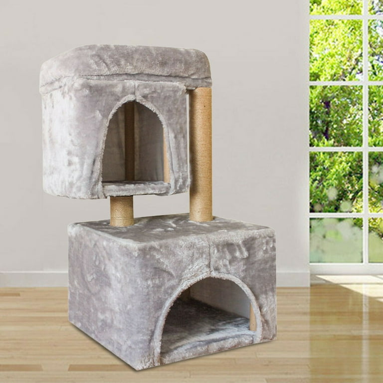Miumaeov 2 Tier Cat Tree Flannel Cat Climbing Frame with Hemp Rope Thick Paper Tube for Cats 28.3 15.7 15.7in