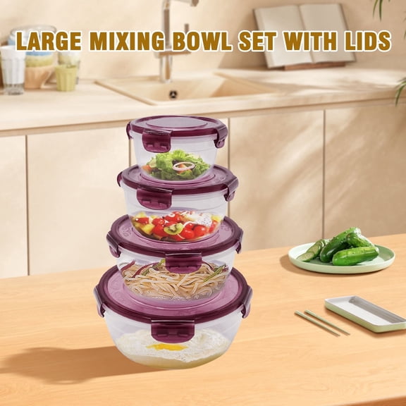 Large Storage Mixing Bowls with Lids, 4Pcs Nesting Mixing Bowl Set, Multi-Purpose Prep Batter Salad Storage Containers