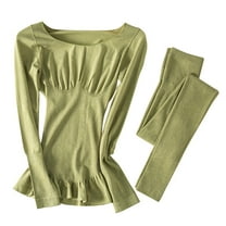 Women Thermal Underwear Set For Winter Casual Warm Solid Color Thin Skinny Self Heating Warm Clothing Seamless Round Neck Shaping Underwear Set Green One Size