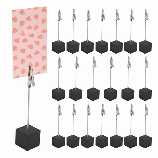 20 Piezas de Soporte de Clip de Nota con Base de Cubo y Pinza de Cocodrilo, Soporte de Número de Mesa con Base de Madera, Soporte de Tarjeta de Lugar con Base de Cubo