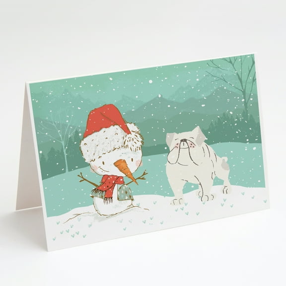 White English Bulldog Snowman Christmas Greeting Cards and Envelopes Pack of 8