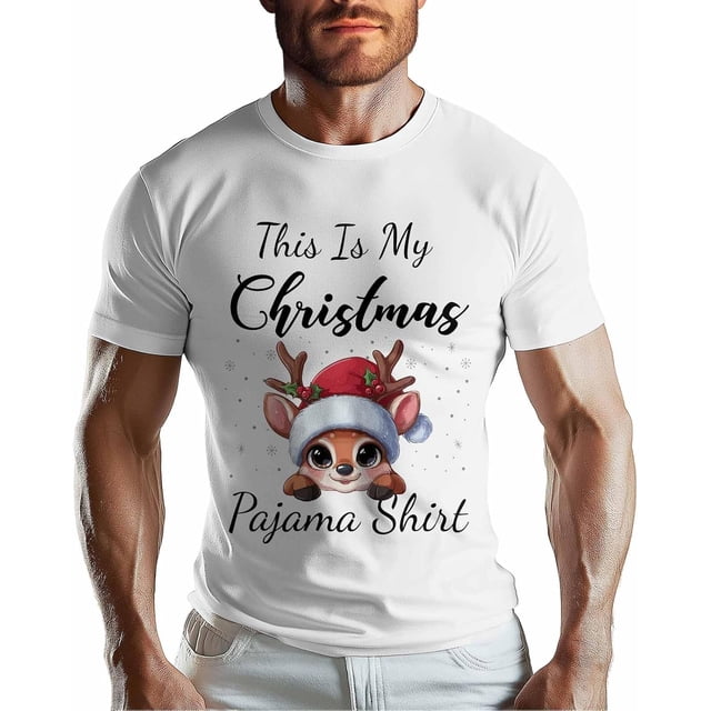 Camisetas para hombre, camiseta navideña de algodón con cuello redondo, diseño de alce y copo de nieve, manga corta, color negro
