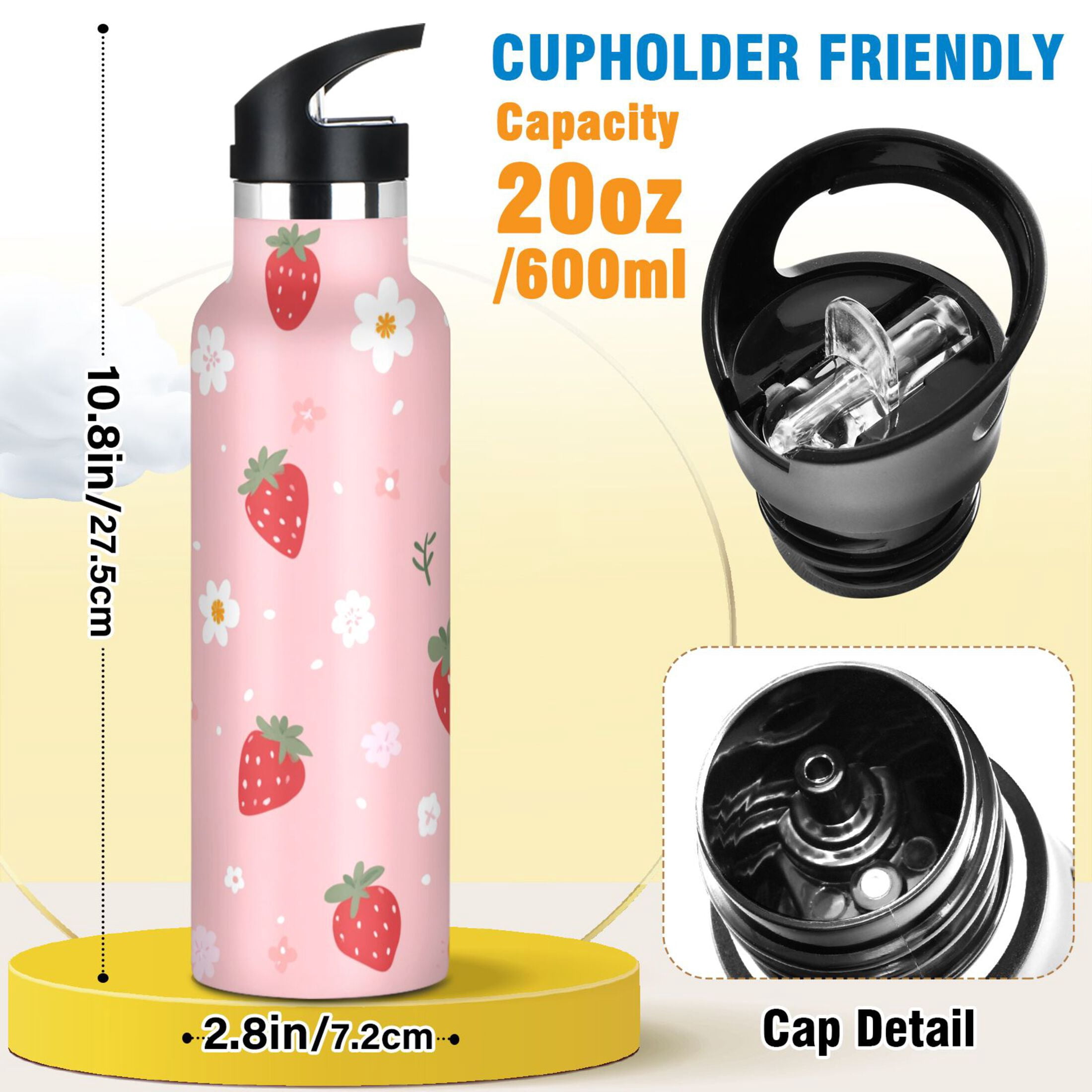 Kids Insulated Stainless Steel Sports Water Bottle 600ml (20oz) Strawberry and Flowers