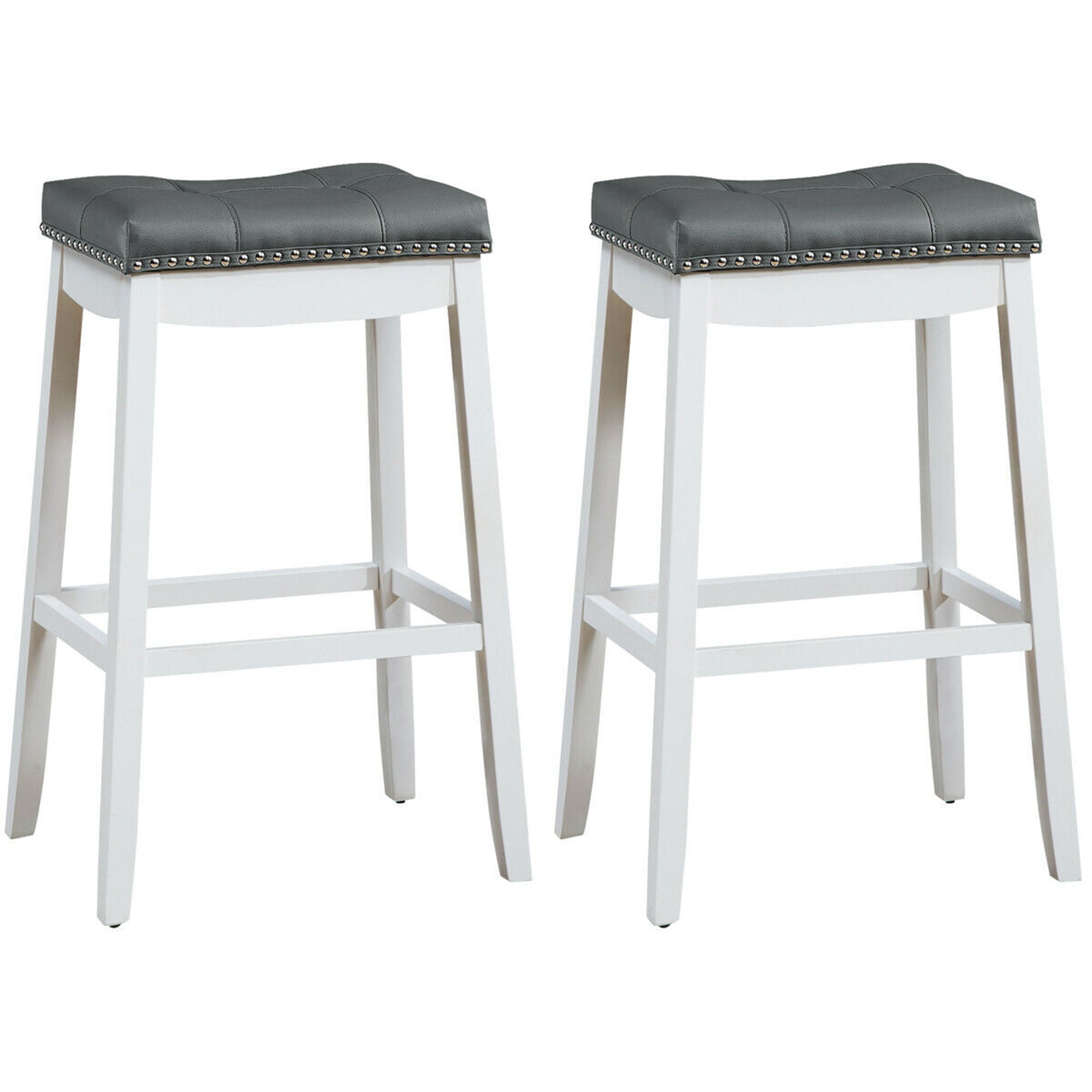 Gymax Set Of 2 Nailhead Saddle Bar Stools 29 Pub Chairs With Rubber Wood Legs White Walmartcom Walmartcom