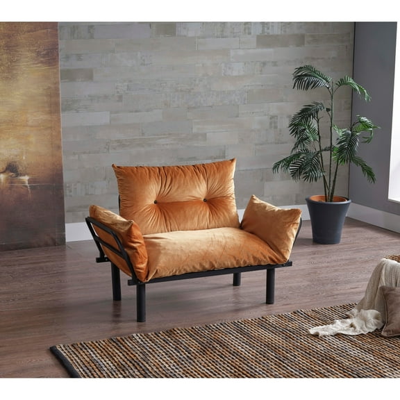 Metal Futon Love Seat In Shining Mustard, 50.3in. D X 24.25in. W 35.64in. H, 30lb Golden Built, 49in. Depth, 24in. Width, 35in. Height, 30lb. Wt